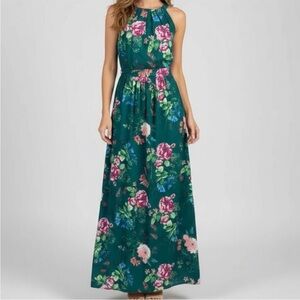 SOLD >>>>Eliza J Halter Emerald Floral Maxi Dress Wedding Party Special Occasion